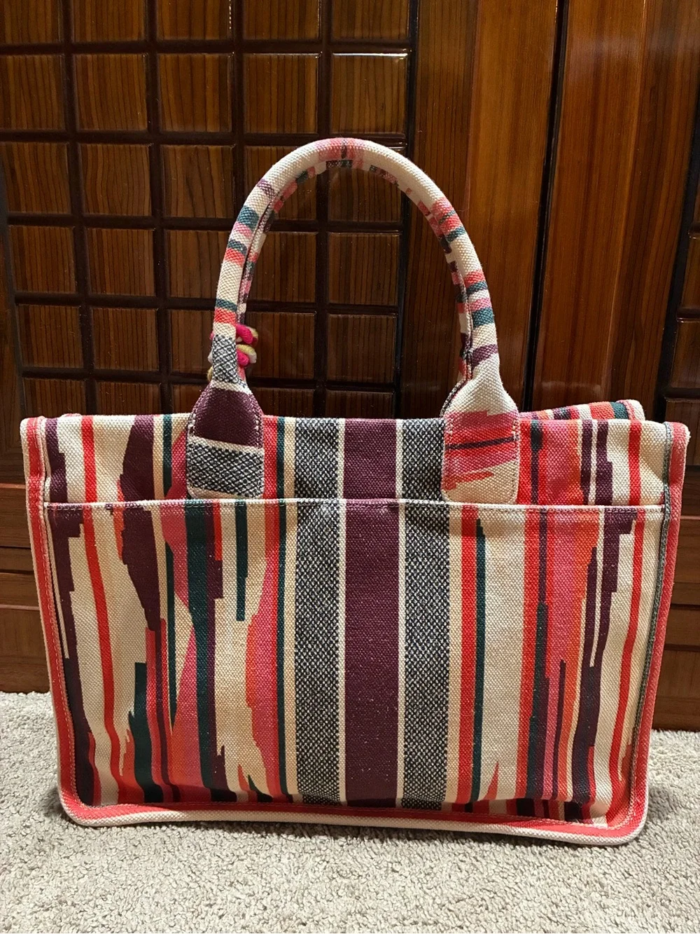 Vince Camuto Orla Cotton Canvas Stripe Large Tassel Tote Bag Pink Multi - Picture 2 of 16